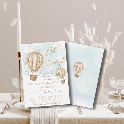 Oh BabyBrown Hot Air Balloon flags Baby Shower Invitation