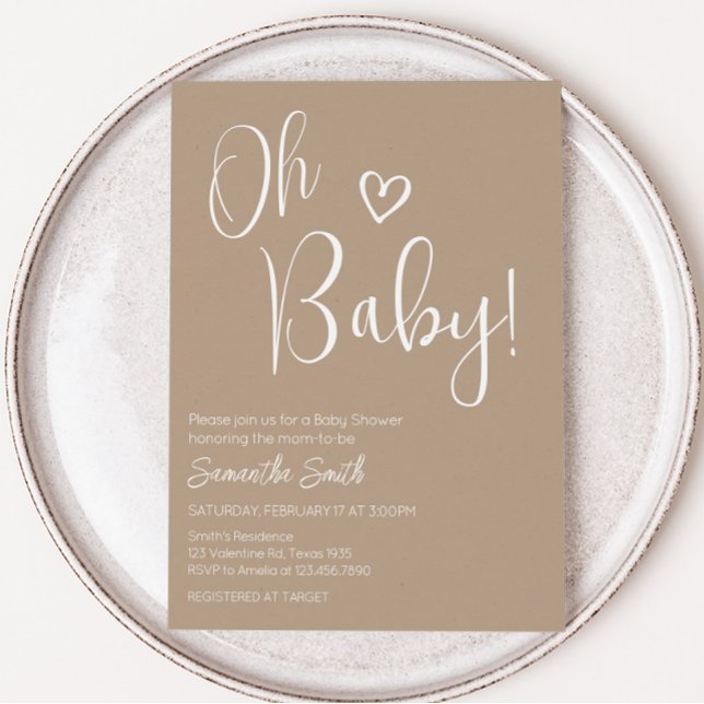 Oh Baby Brown Minimalist Baby Shower  Invitation (Brown Minimalist Heart Baby Shower Invitation)