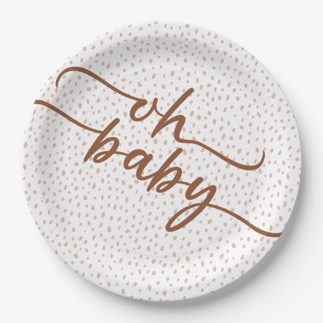 "Oh Baby" Brown Script Baby Shower Paper Plates (Front)