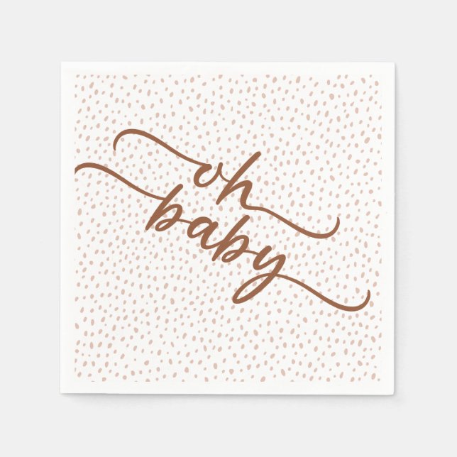 "Oh Baby" Brown Script & Beige Dots Baby Shower Napkins (Front)
