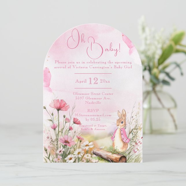 Oh Baby Bunny Rabbit Pink Watercolor Baby Shower Invitation (Standing Front)