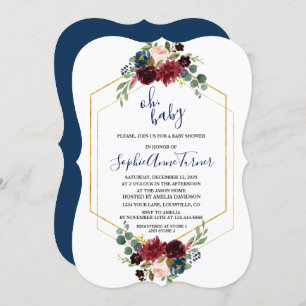 Oh BABY Burgundy Floral Gold Hexagon Baby Shower Invitation