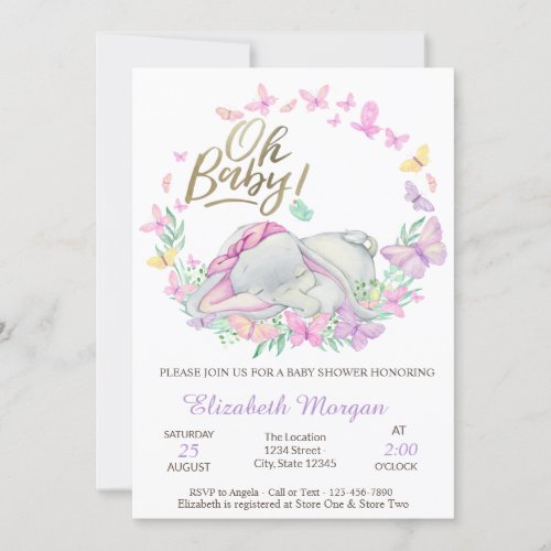 Oh Baby Butterflies Baby Elephant Baby Shower   Invitation