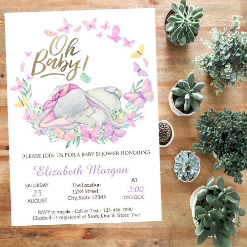 Oh Baby Butterflies Baby Elephant Baby Shower   Invitation