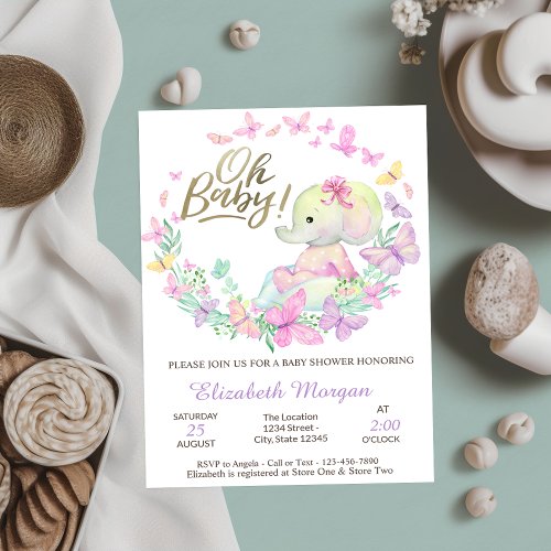 Oh Baby Butterflies Elephant Baby Shower   Invitation