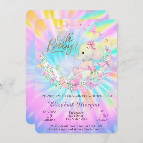 Oh Baby Butterflies Elephant Tie DyeBaby Shower    Invitation