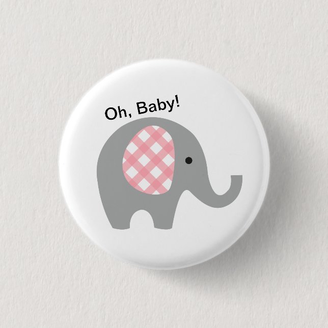Oh, Baby! Button with Grey Elephant and Pink Ears (Front)