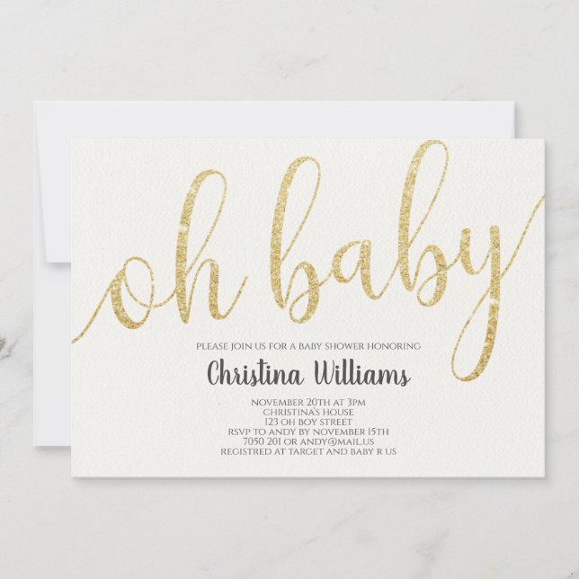 Oh Baby Calligraphy Gold Glitter Girl Baby Shower Invitation (Front)