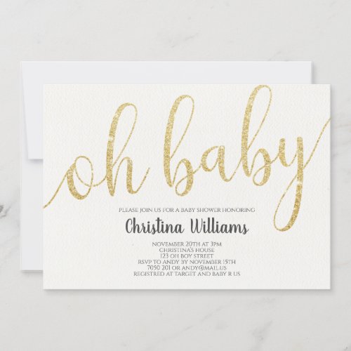 Oh Baby Calligraphy Gold Glitter Girl Baby Shower Invitation