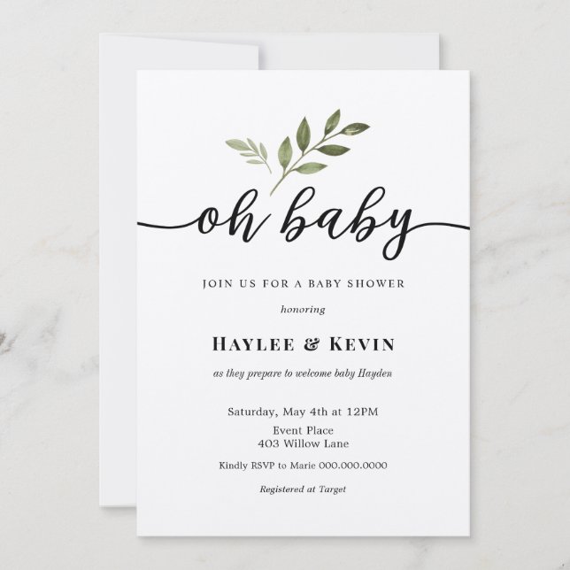 "Oh Baby" Calligraphy Greenery Shower invitation (Front)