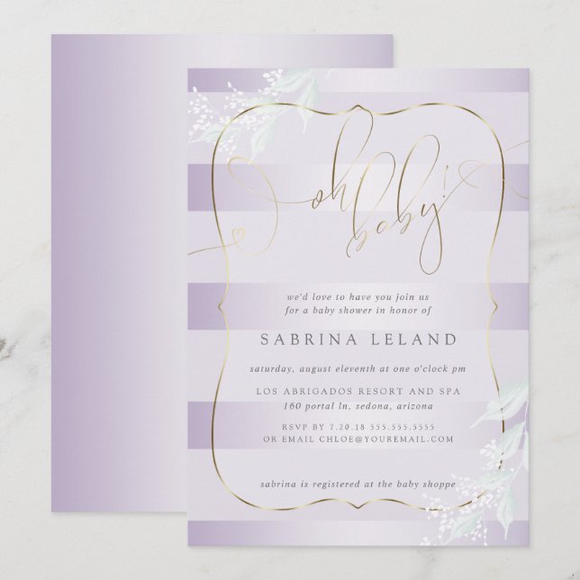 OH Baby! Calligraphy Ombré Lilac Stripes Invitation (Front/Back)