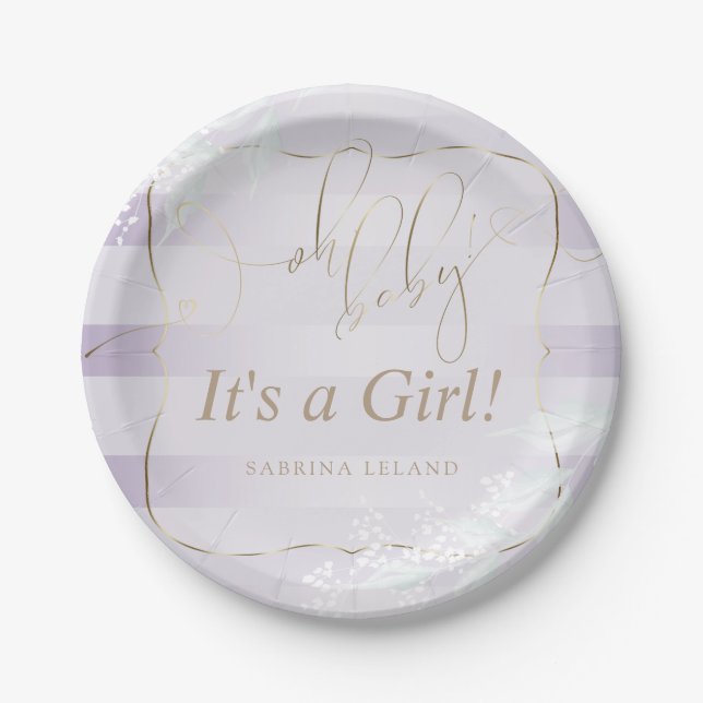 OH Baby! Calligraphy Ombré Lilac Stripes Paper Plates (Front)