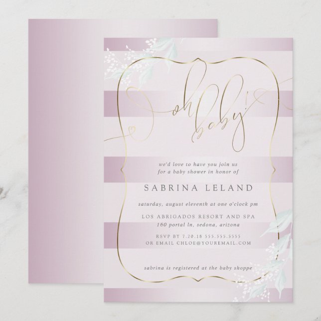 OH Baby! Calligraphy Ombré Rose Pink Stripes Invitation (Front/Back)