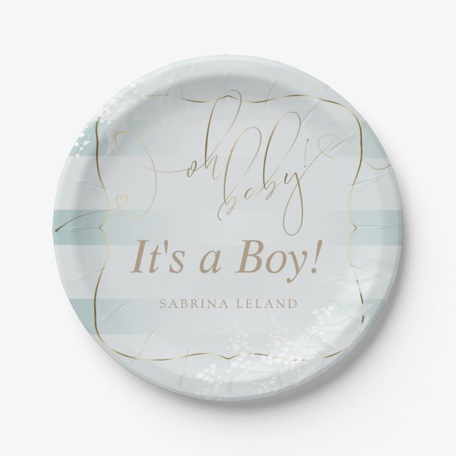 OH Baby! Calligraphy Ombré Teal Blue  Stripes Paper Plates (Front)