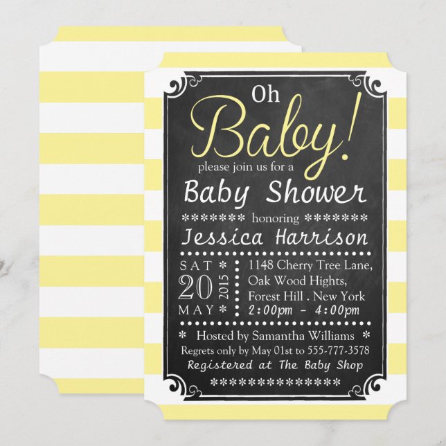 Oh Baby! Chalkboard & Yellow Stripe Baby Shower Invitation (Front/Back)