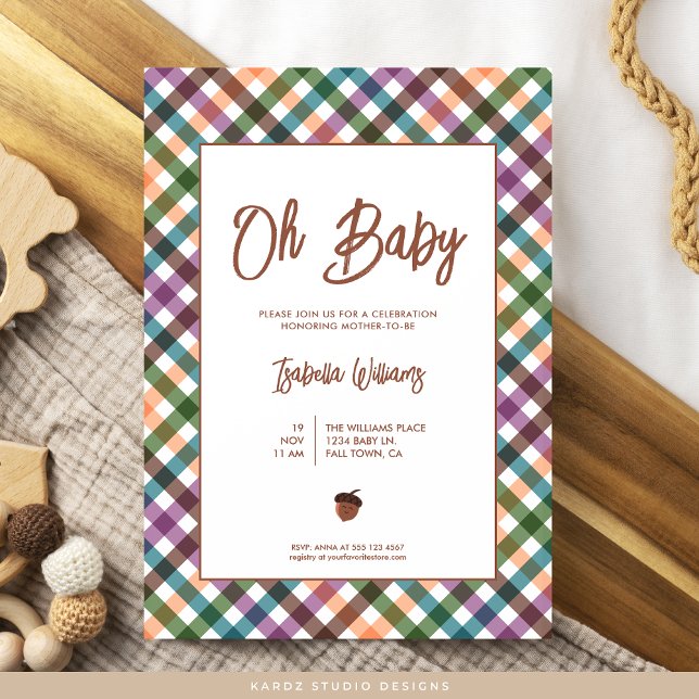 Oh Baby Checkered Baby Shower Invitation (Invite shown in 5 x 7 inches, choose size, paper and corner style. Buy print or digital invitations.)