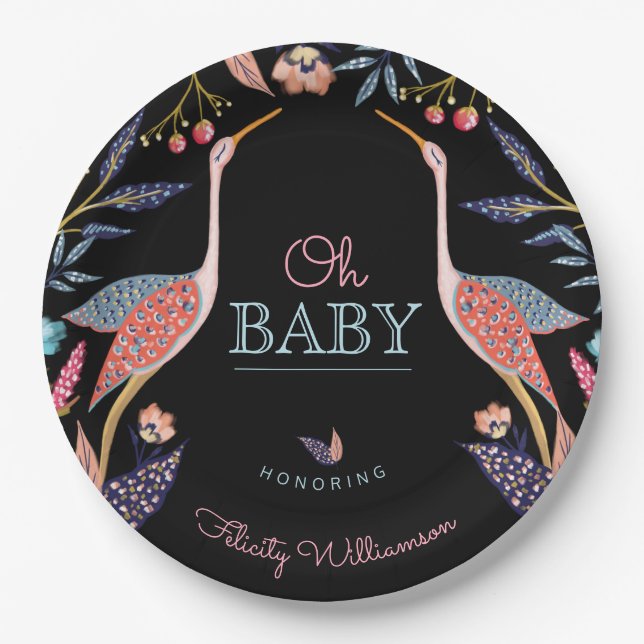 Oh Baby | Chic Floral Botanical Stork Baby Shower Paper Plates (Front)