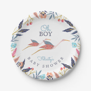 Oh Baby   Chic Floral Botanical Stork Baby Shower Paper Plates