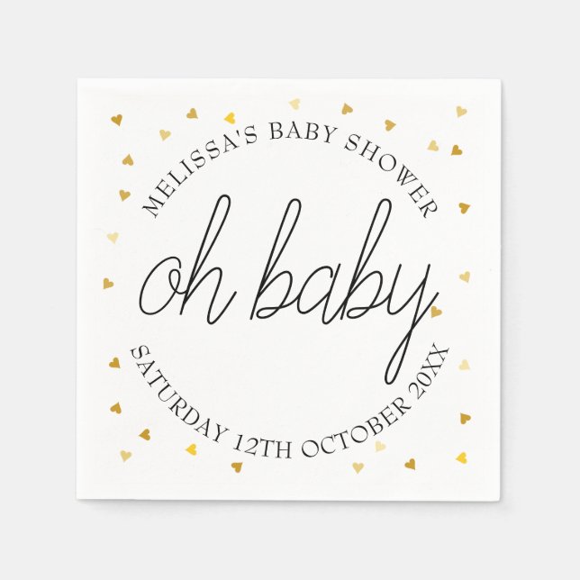 Oh Baby Chic Script Gold Heart Baby Shower Napkins (Front)
