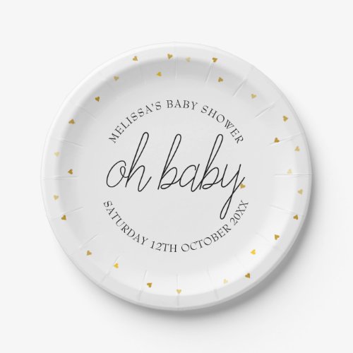 Oh Baby Chic Script Gold Heart Baby Shower Paper Plates
