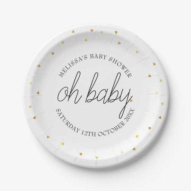 Oh Baby Chic Script Gold Heart Baby Shower Paper Plates (Front)