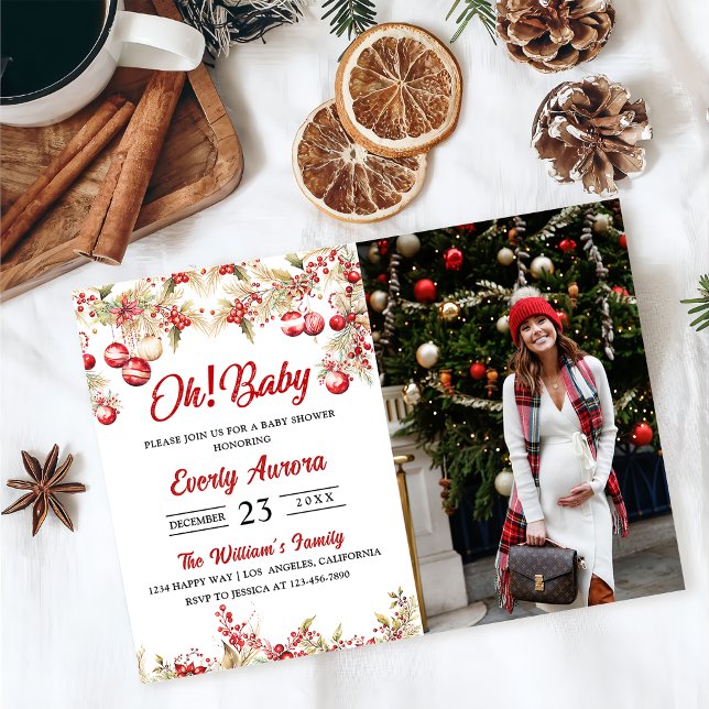 Oh! Baby Christmas Floral Baby Shower Photo Invitation (Creator Uploaded)