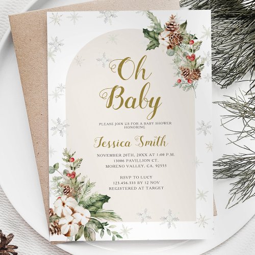  Oh Baby Christmas Floral Snowflakes Baby Shower Invitation