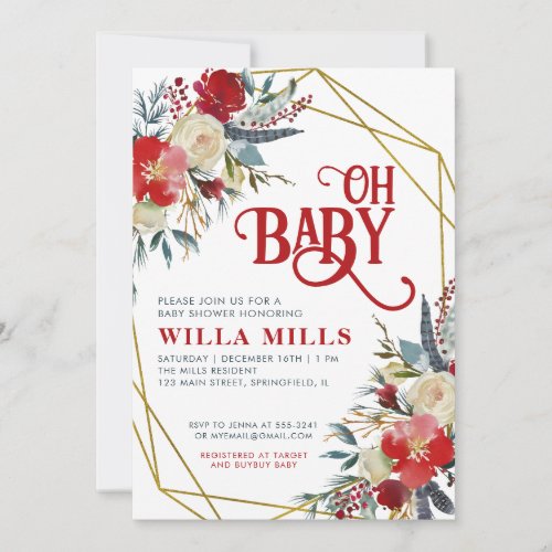 Oh Baby Christmas Red Greenery Gold Baby Shower Invitation