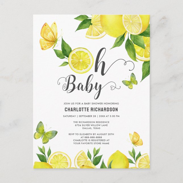 Oh Baby Citrus Lemon Baby Shower Custom Invitation Postcard (Front)