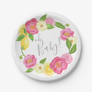 Oh Baby Citrus Lemon Floral Baby Shower Lemon Rose Paper Plates
