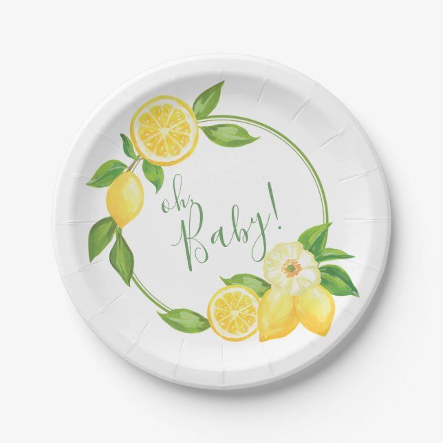 Oh Baby Citrus Lemon Floral Wreath Baby Shower Pap Paper Plates (Front)