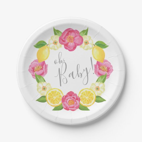 Oh Baby Citrus Lemon Floral Wreath Baby Shower Paper Plates