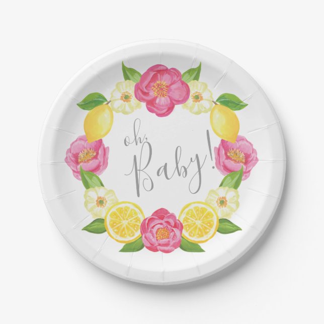 Oh Baby Citrus Lemon Floral Wreath Baby Shower Paper Plates (Front)