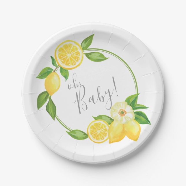 Oh Baby Citrus Lemon Floral Wreath Baby Shower Paper Plates (Front)