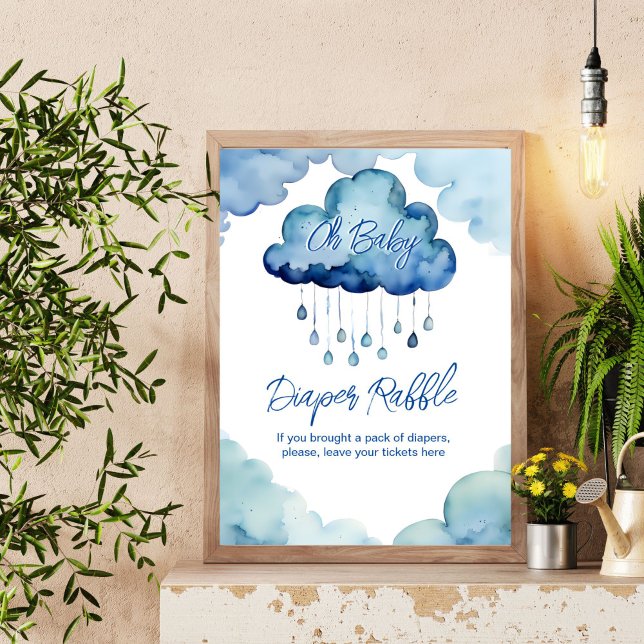 Oh Baby cloud baby shower diaper raffle sign (Oh Baby cloud baby shower diaper raffle sign cute blue whimsical cloud with raindrops  table sign)