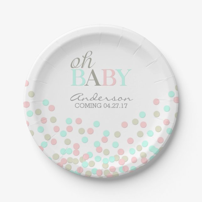 Oh Baby Confetti Gender Reveal Party | Pink Blue Paper Plates (Front)