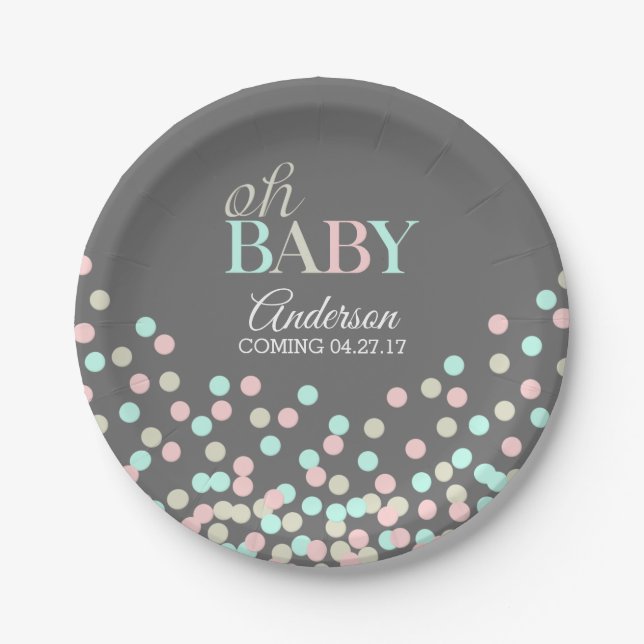 Oh Baby Confetti Gender Reveal Party | Pink Blue Paper Plates (Front)
