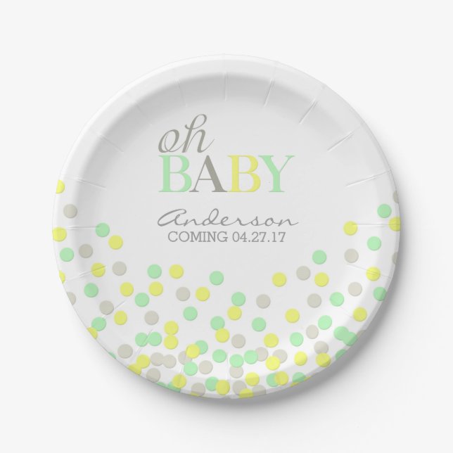 Oh Baby Confetti Gender Reveal Party | Yellow Aqua Paper Plates (Front)