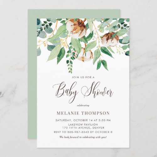 Oh Baby Cotton Blossoms and Eucalyptus Baby Shower Invitation