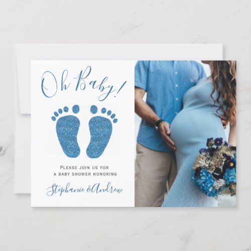 Oh Baby Couples Photo Blue Baby Shower  Invitation