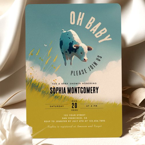 Oh Baby Cow Blue Baby Shower Invitation Boy