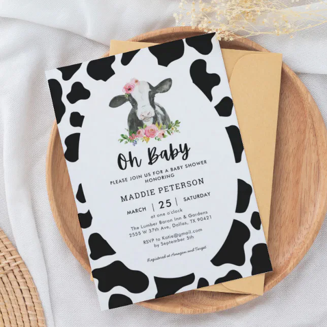 Oh Baby Cow Theme Girl Baby Shower Invitation | Zazzle