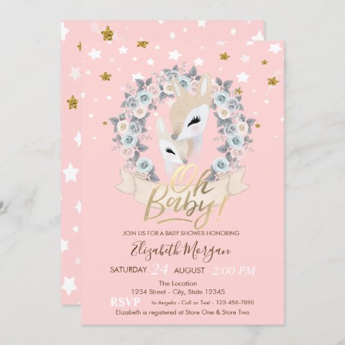 Oh Baby Cute Baby Deer  Gold Stars Baby Shower Invitation