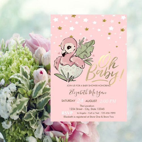 Oh Baby Cute Baby Pink Flamingo Stars Baby Shower Invitation