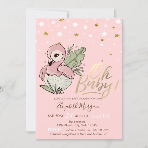 Oh Baby Cute Baby Pink Flamingo Stars Baby Shower Invitation