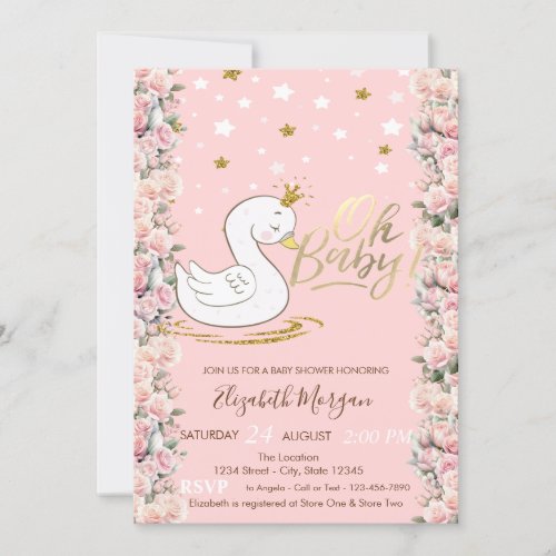 Oh Baby Cute Baby Swan Crown Roses  Baby Shower Invitation