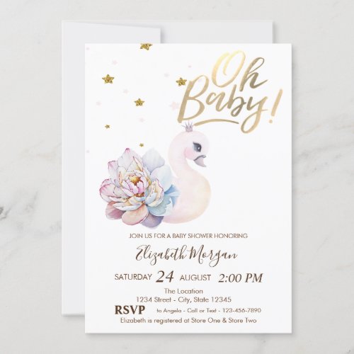 Oh Baby Cute Baby Swan Flower Baby Shower Invitation