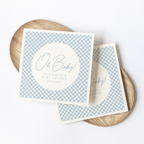 Oh baby cute blue gingham baby shower napkins
