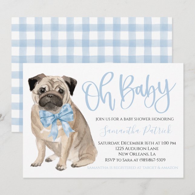 Oh Baby! Cute Dog Blue Boy Shower Invitation (Front/Back)