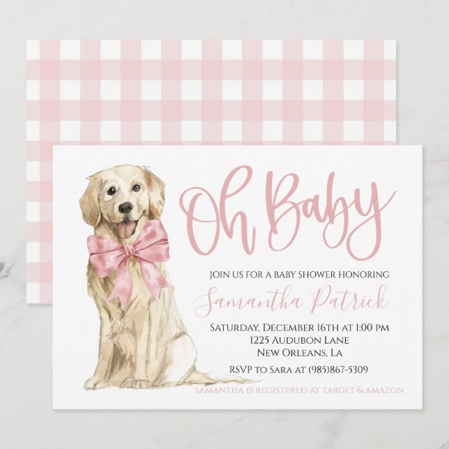 Oh Baby! Cute Dog Pink Puppy Dog Shower Invitation (Front/Back)